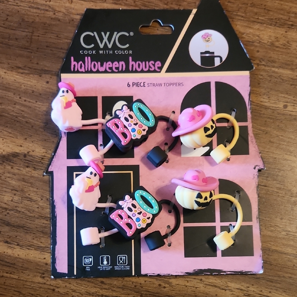Halloween House Straw Toppers - Pink and Black
